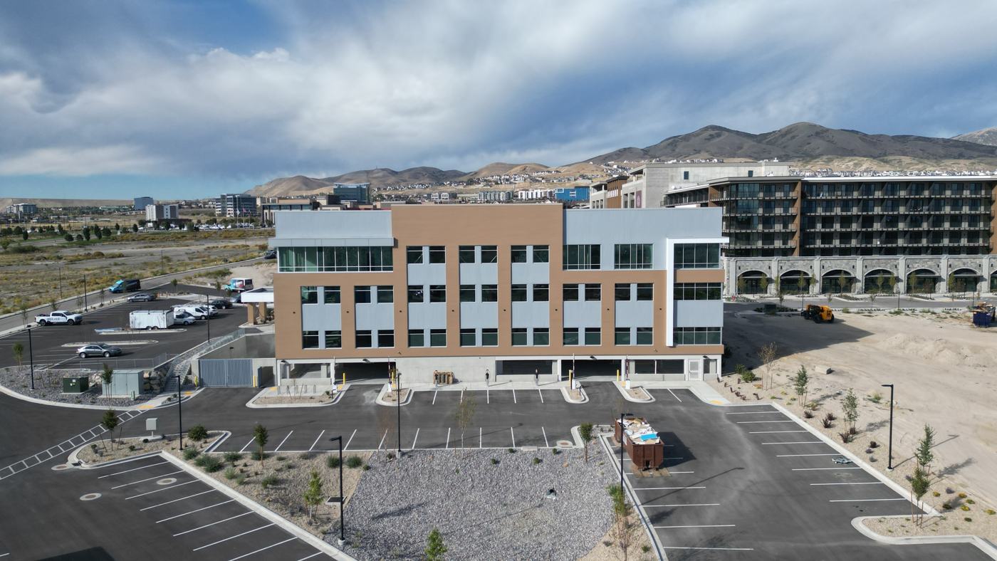 Long elevation with landscaped parking
