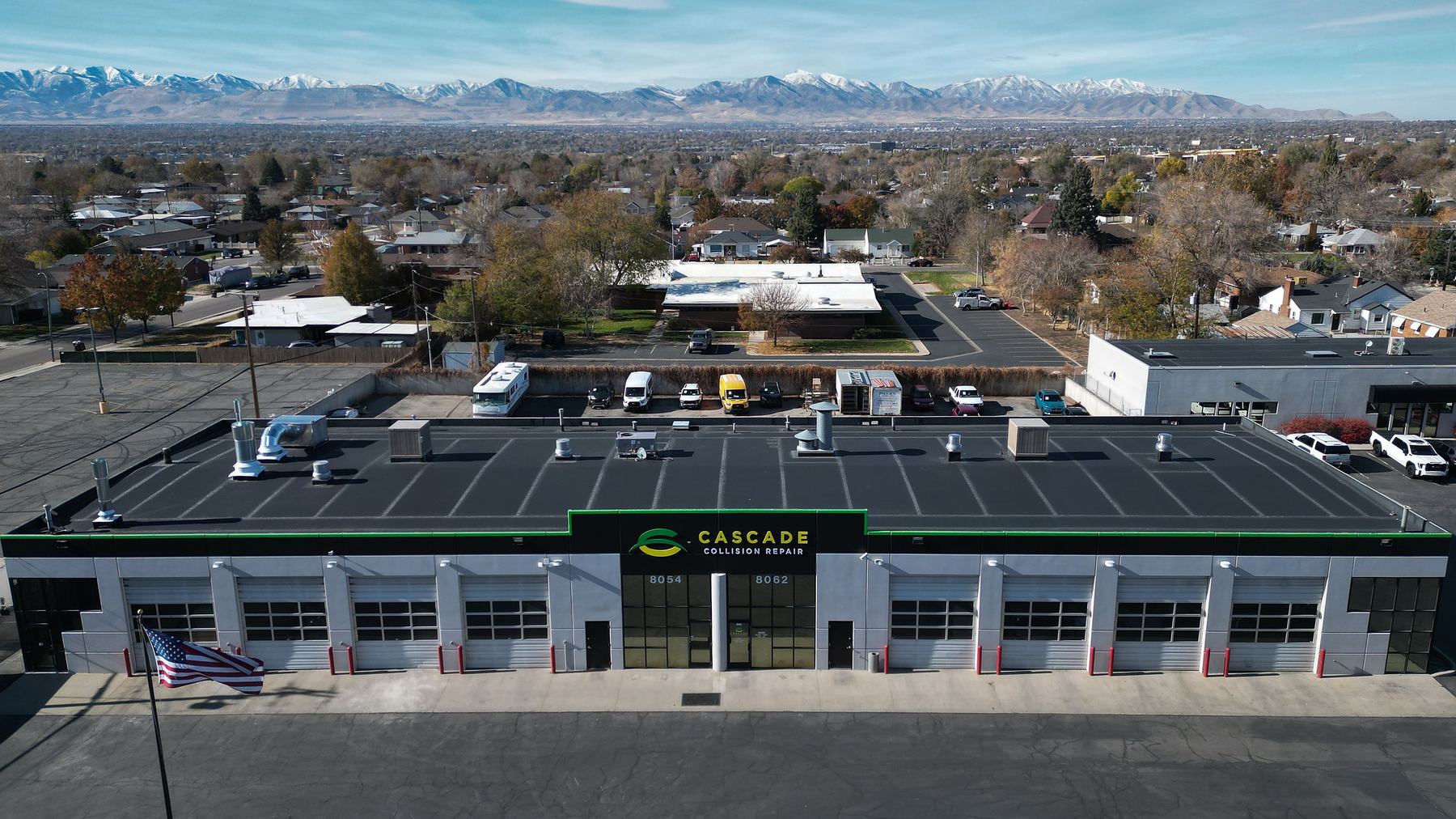Aerial view of the service bays and parking