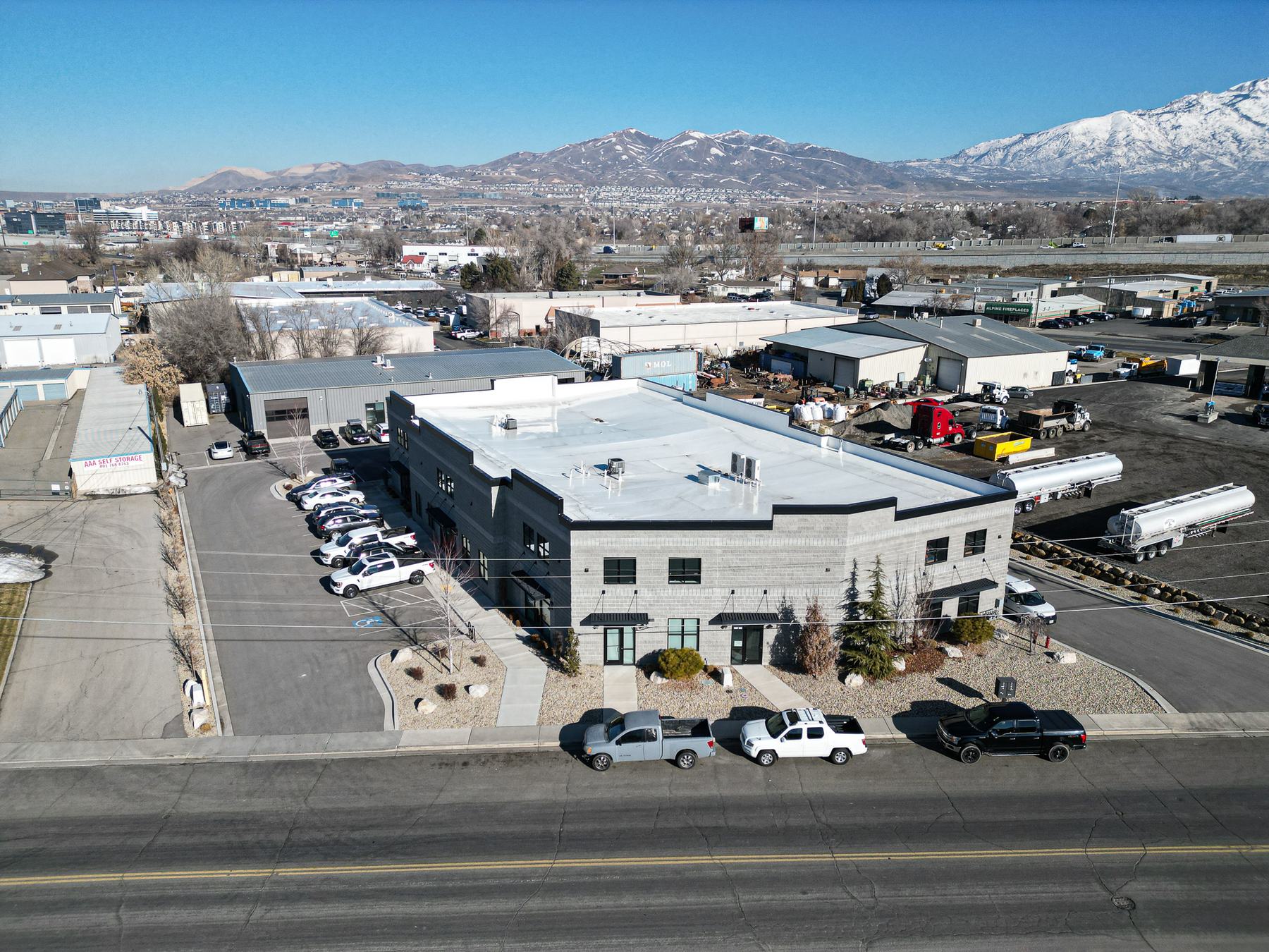 Two-story block building with parking